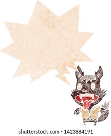 cartoon werewolf with speech bubble in grunge distressed retro textured style