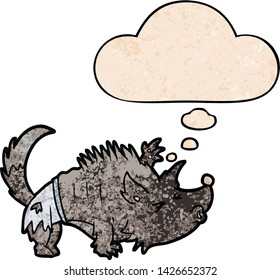 cartoon werewolf with thought bubble in grunge texture style