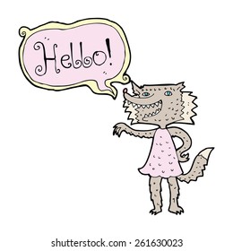 cartoon werewolf woman saying hello