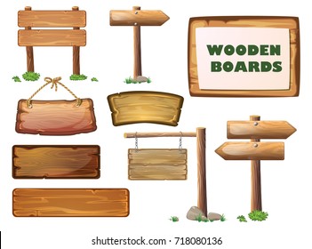 Cartoon west wood banner set. Western signboards. Old wooden signs for messages or pointers for path finding hanging on ropes. Wooden signpost. Isolated vector illustration for game design. 