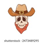 Cartoon Western cowboy skull groovy character wearing leather brown hat and red bandana. Vector personage of old american Wild West bandit, cowboy or gunslinger skeleton. Retro Western groovy skull