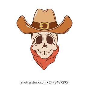 Cartoon Western cowboy skull groovy character wearing leather brown hat and red bandana. Vector personage of old american Wild West bandit, cowboy or gunslinger skeleton. Retro Western groovy skull