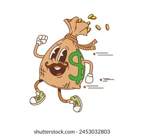 Cartoon Western money bag groovy character, retro Wild West bank vector personage. Funny old canvas sack with mustache and gold coins running away from pursuit. Western money bag emoji dodging bullets svg