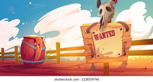 Cartoon western scene with wanted sign and wooden barrel with eye inside at wild west desert landscape with ranch or farm fence. Board with animal skull, and hidden character, Vector illustration