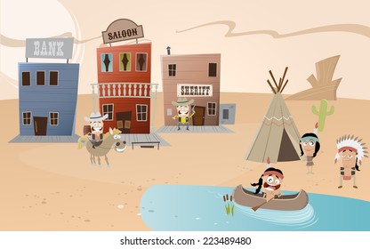 cartoon western town and indian settlement