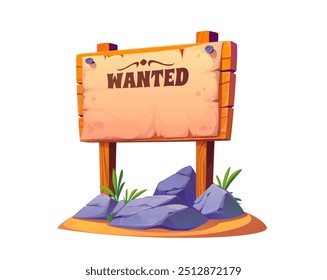 Cartoon Western wollte Holztafel. Vektorholzschild mit Stangen, Planke oder Banner, Wildwest-Ansage auf Pergament. Texas Abenteuer Spiel oder Buch Scroll Template, Plakat für kriminelle Suche