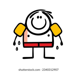 Cartoon wet child got out of the water. Vector illustration of a stickman boy with armbands in swimming trunks. Creative doodle character isolated on white background.