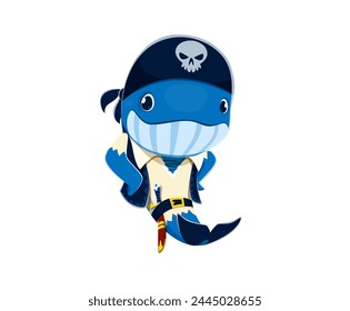 Cartoon whale animal pirate sailor character, corsair seaman. Vector underwater blue sperm rover personage wear bandana with skull and saber on belt, navigates the high seas seeking aquatic adventures