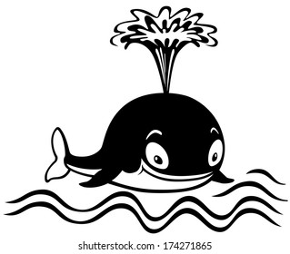 cartoon whale, black and white illustration for little kids