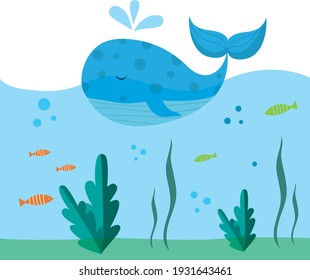 Cartoon whale in blue sea vector image for your design