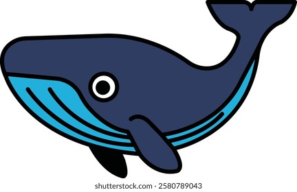 A cartoon whale with a blue tail and a blue fin. The whale is looking at the camera