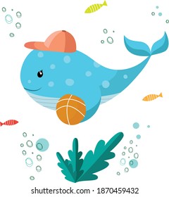 Cartoon whale with cap and ball vector image 