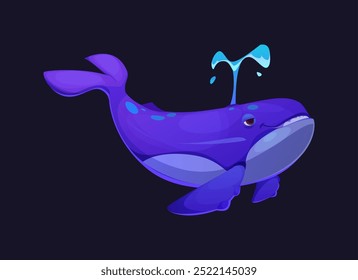 Cartoon whale character. Isolated vector friendly sea animal with purple skin and blue spots swims through the ocean and erupting water fountain, as it moves forward. Playful, cheerful marine creature