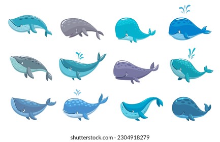 Personajes de caricatura de ballena. Animales marinos vectores aislados, criaturas de mamíferos oceánicos con fuentes de agua. Agradable personaje de ballenas acuáticas, espermatozoides y bowhead para el diseño de juegos. Biodiversidad, fauna silvestre natural