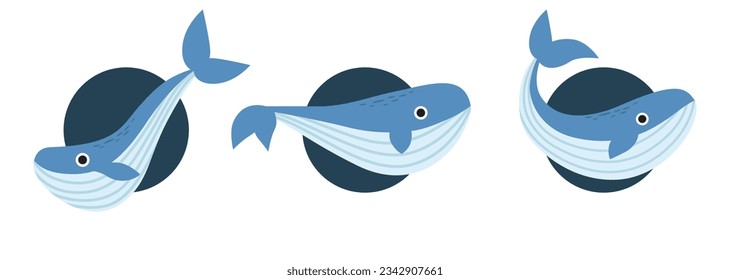 Cartoon whale characters. Isolated vector sea animals, ocean mammal creatures with water fountains. Friendly aquatic, sperm and bowhead whale personage for game design. Biodiversity, nature wildlife

