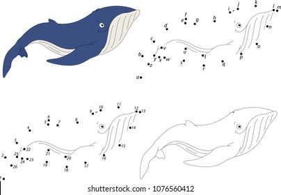 Cartoon whale. Coloring book and dot to dot educational game for kids