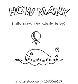 Cartoon whale counting game. Vector coloring book pages for children education. How many balls does the whale have