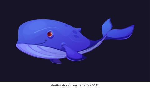 cartoon whale cute and friendly sea animal with cheerful expression and large, expressive eyes. Vector vibrant and adorable blue whale personage for children book, playful and cheerful marine creature