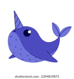 cartoon whale. fairytale whale with unicorn horn isolate. cartoon whale on white background