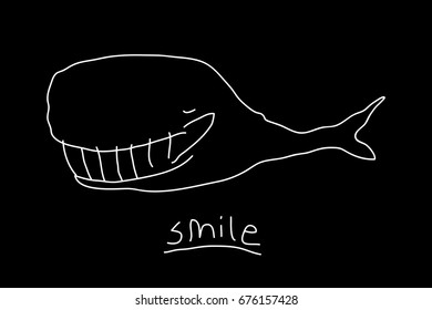 Cartoon whale illustration with linear smiling whale. Cute vector black and white whale illustration. Doodle monochrome whale illustration for prints, posters, t-shirts, flyers and cards.