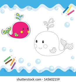 Cartoon whale isolated on white. Coloring book. Vector illustration.