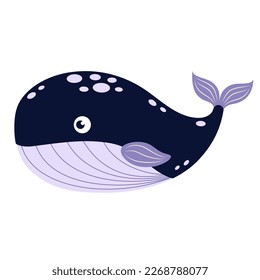 cartoon whale isolated on white background, cute sea animal, flat vector illustration