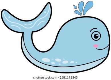 Cartoon whale isolated vector illustration. Cute whale Swimming animal on white background.