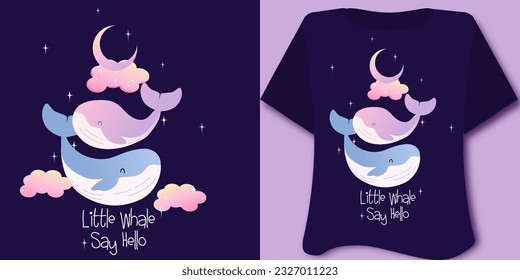 Cartoon Whale love  couple for t shirts, nightie, clothes, kawaii illustration with moon  star background vector little Whale say hello  slogan, for playroom poster 