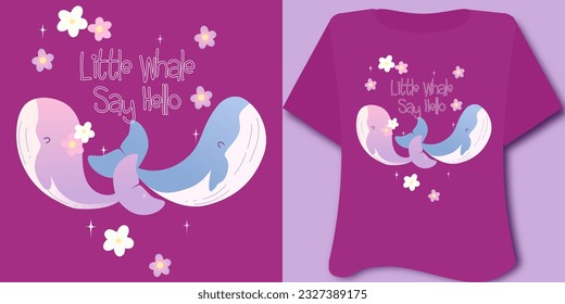 Cartoon Whale love  couple for t shirts, nightie, clothes, kawaii illustration with moon  star background vector little Whale say hello  slogan, for playroom poster 