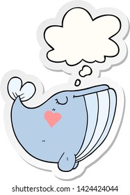 cartoon whale with love heart with thought bubble as a printed sticker
