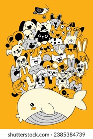 a cartoon whale with many cats huddled around this yellow background, in the style of detailed character design, white and orange, simplified dog figures, hand coloring, and minimalist 