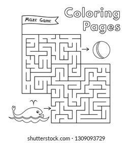 Cartoon whale maze game. Vector coloring book pages for children