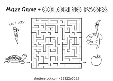 Cartoon whale maze game. Vector coloring book pages for children
