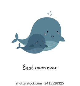 Cartoon whale mom and baby. Cute animals are swimming. Hand drawn children's poster. Vector illustration