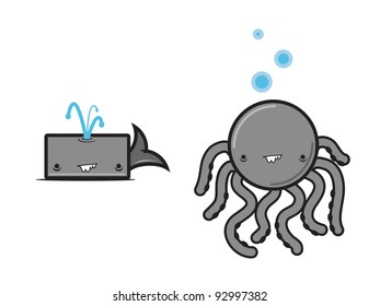 Cartoon Whale & Octopus. Fun cartoon Whale & Octopus set. Vector.