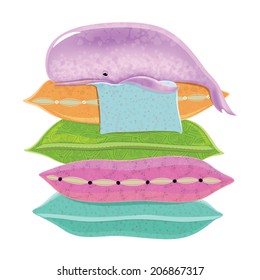 Cartoon whale on colored pillows. Whale. Vector illustration