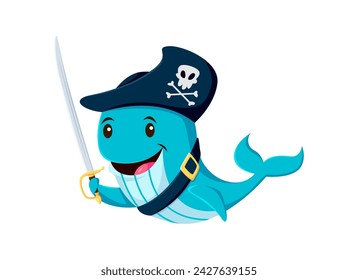 Cartoon whale pirate animal character. Vector underwater blue sperm corsair and rover personage wear captain tricorn hat and saber, navigates the high seas seeking treasures and aquatic adventures