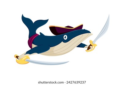 Cartoon whale pirate corsair animal character. Vector whimsical underwater rover personage with a tricorn hat, and dual sabers, navigates the high seas seeking fishy treasures and aquatic adventures