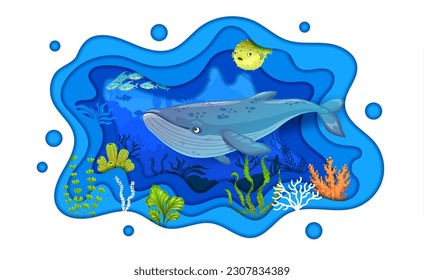 Ballena de dibujos animados, pez globo y calzado en papel submarino corte el fondo del vector paisaje. Animales acuáticos marinos y oceánicos, corales, algas y algas con capas onduladas en 3d