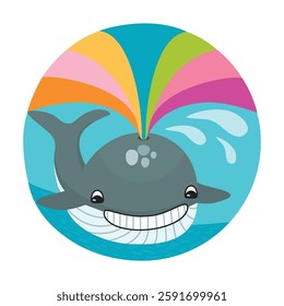 Cartoon whale with a rainbow fountain. Round shape with colorfull marine animal. Print on fabric and paper. Vector design for use in card, banner template,poster,invitation. Flat color illustration.