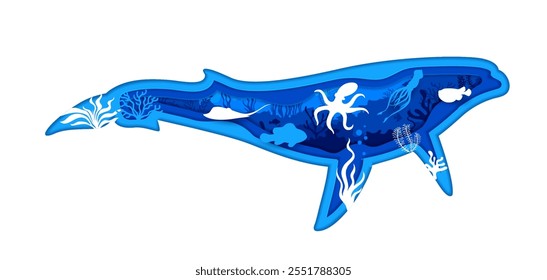 Cartoon whale silhouette with underwater landscape paper cut frame. Sea animals inside of 3d vector papercut border in shape of blower, sperm, cachalot or blue whale with tropical aquatic vegetation