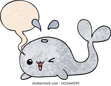 cartoon whale with speech bubble in retro texture style