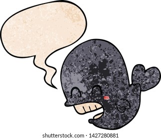 cartoon whale with speech bubble in retro texture style