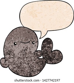 cartoon whale with speech bubble in retro texture style
