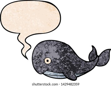 cartoon whale with speech bubble in retro texture style