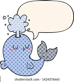 ballena de dibujos animados escupiendo agua con burbuja de habla al estilo de un libro de historietas