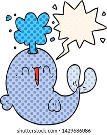 cartoon whale spouting water with speech bubble in comic book style