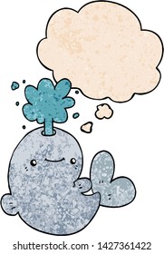 cartoon whale spouting water with thought bubble in grunge texture style