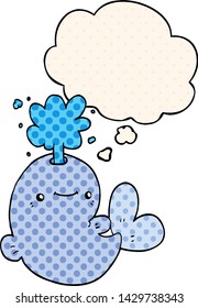 cartoon whale spouting water with thought bubble in comic book style