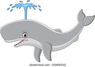 Cartoon whale with spray on white background